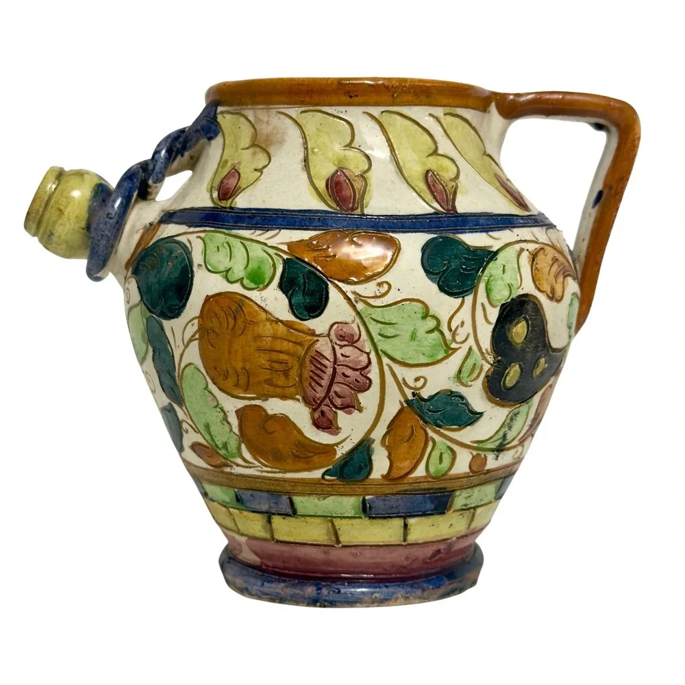 Vintage Italian Maiolica Pottery Ewer Pitcher Hand Painted Folk Art Vase Italy